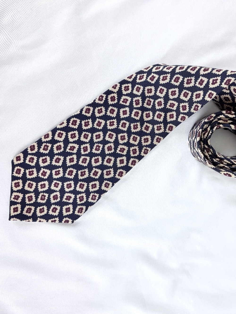 1980s Ralph Lauren Polo Silk Necktie USA Red White Diamonds on Blue Excellent